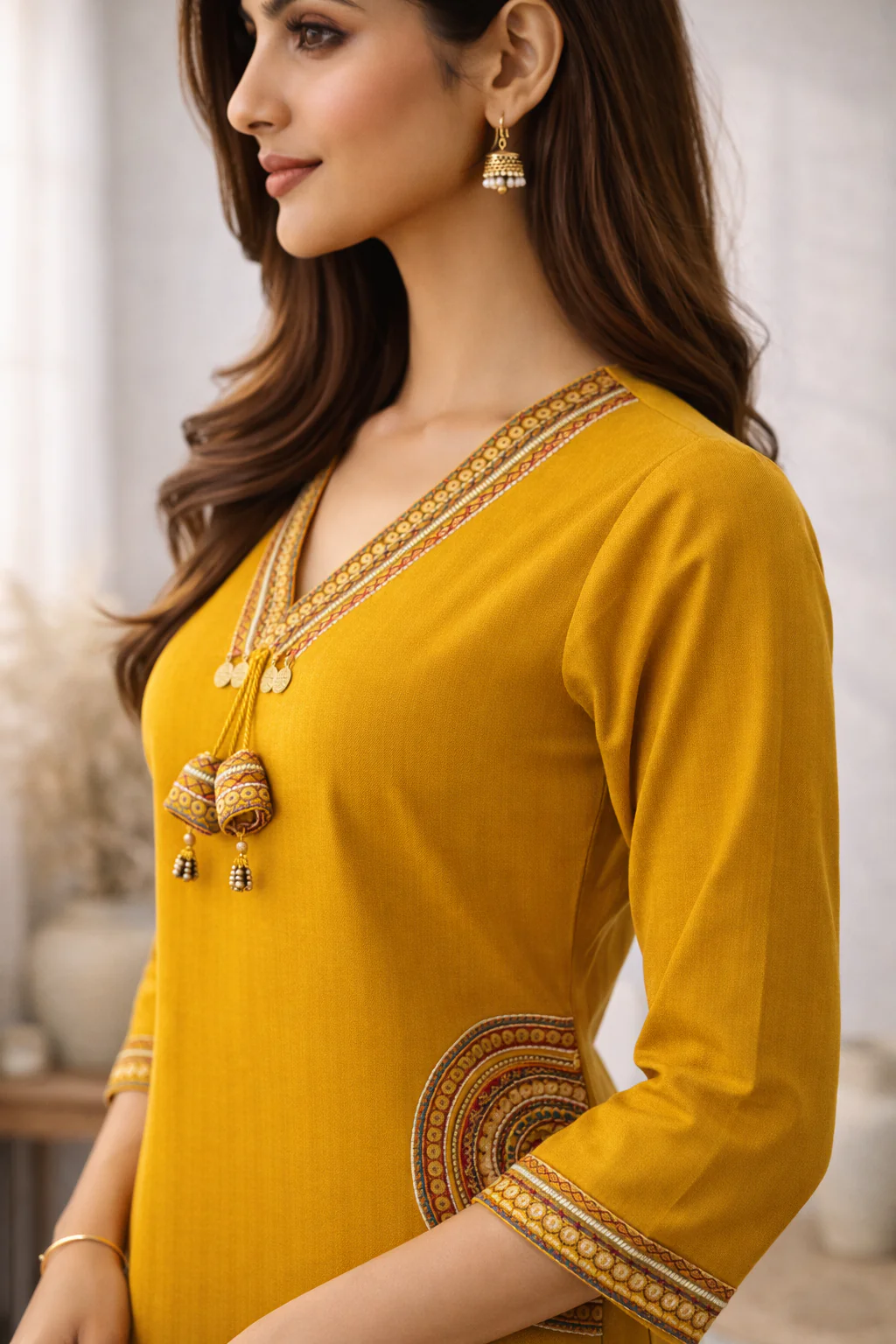 Rushali Mustard Embroidered Kurta Pant Set - Image 9