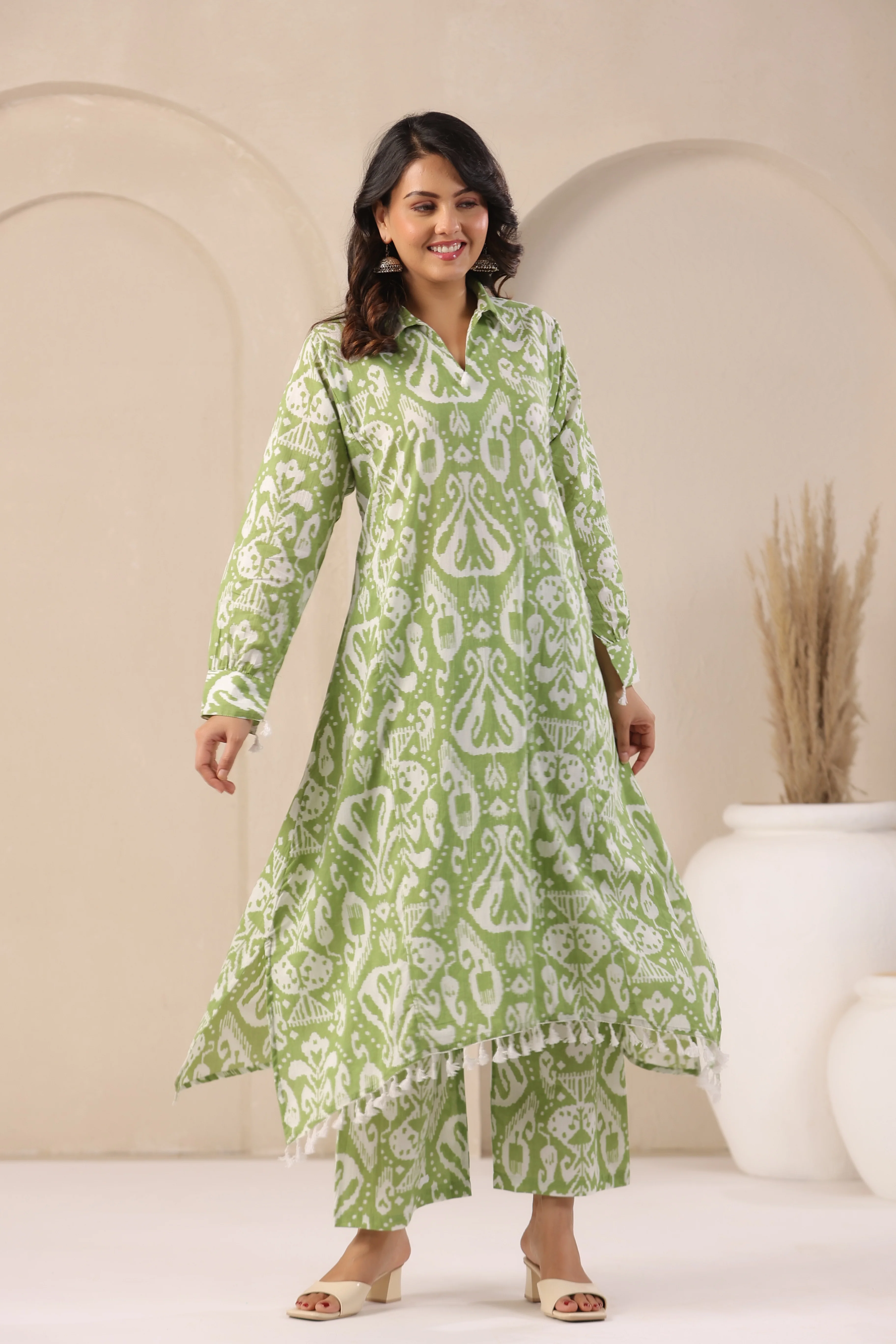 ARANYA FERN IKAT PRINT PREMIUM PURE COTTON KURTA PANT SET - Image 4