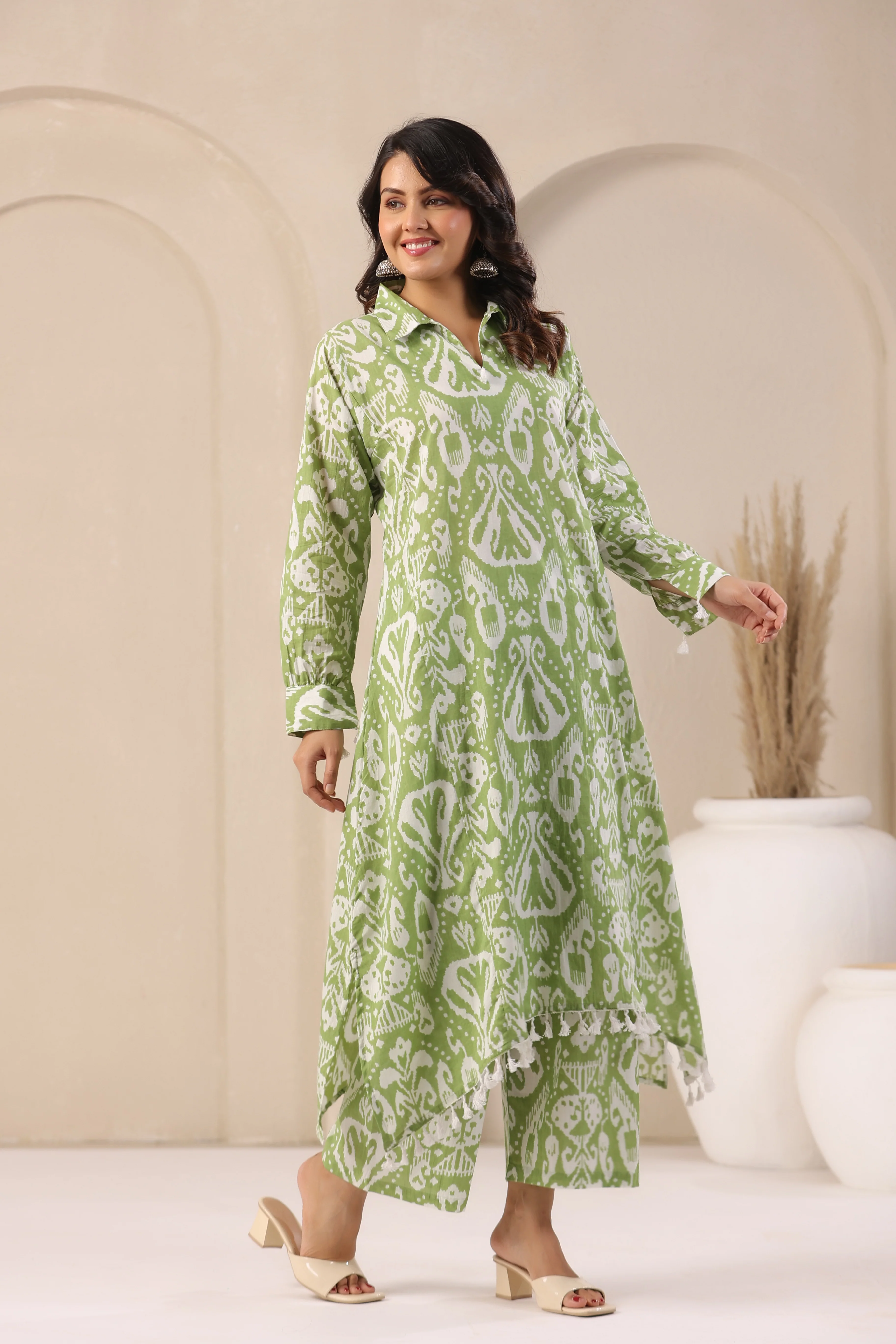 ARANYA FERN IKAT PRINT PREMIUM PURE COTTON KURTA PANT SET - Image 5