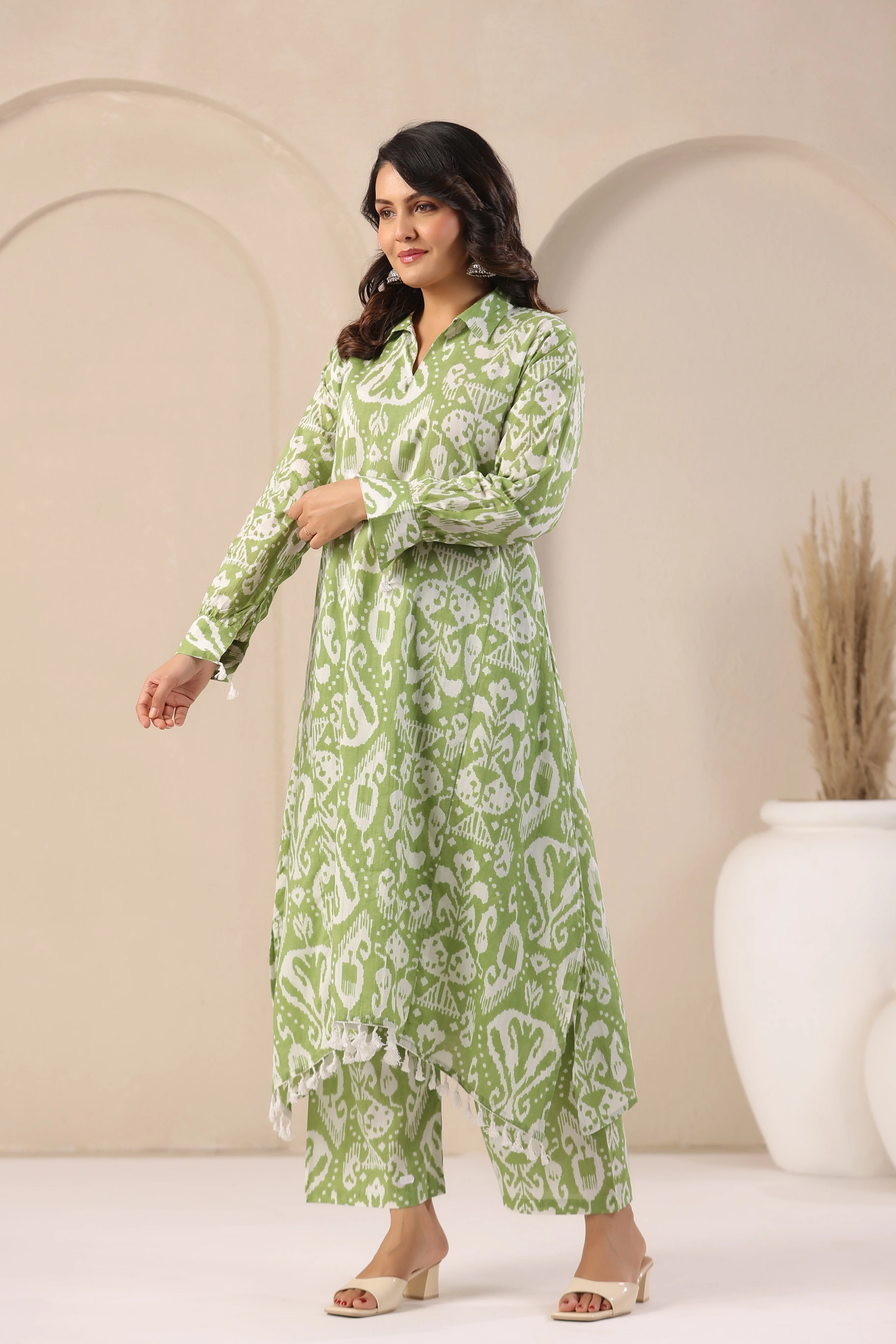 ARANYA FERN IKAT PRINT PREMIUM PURE COTTON KURTA PANT SET - Image 6