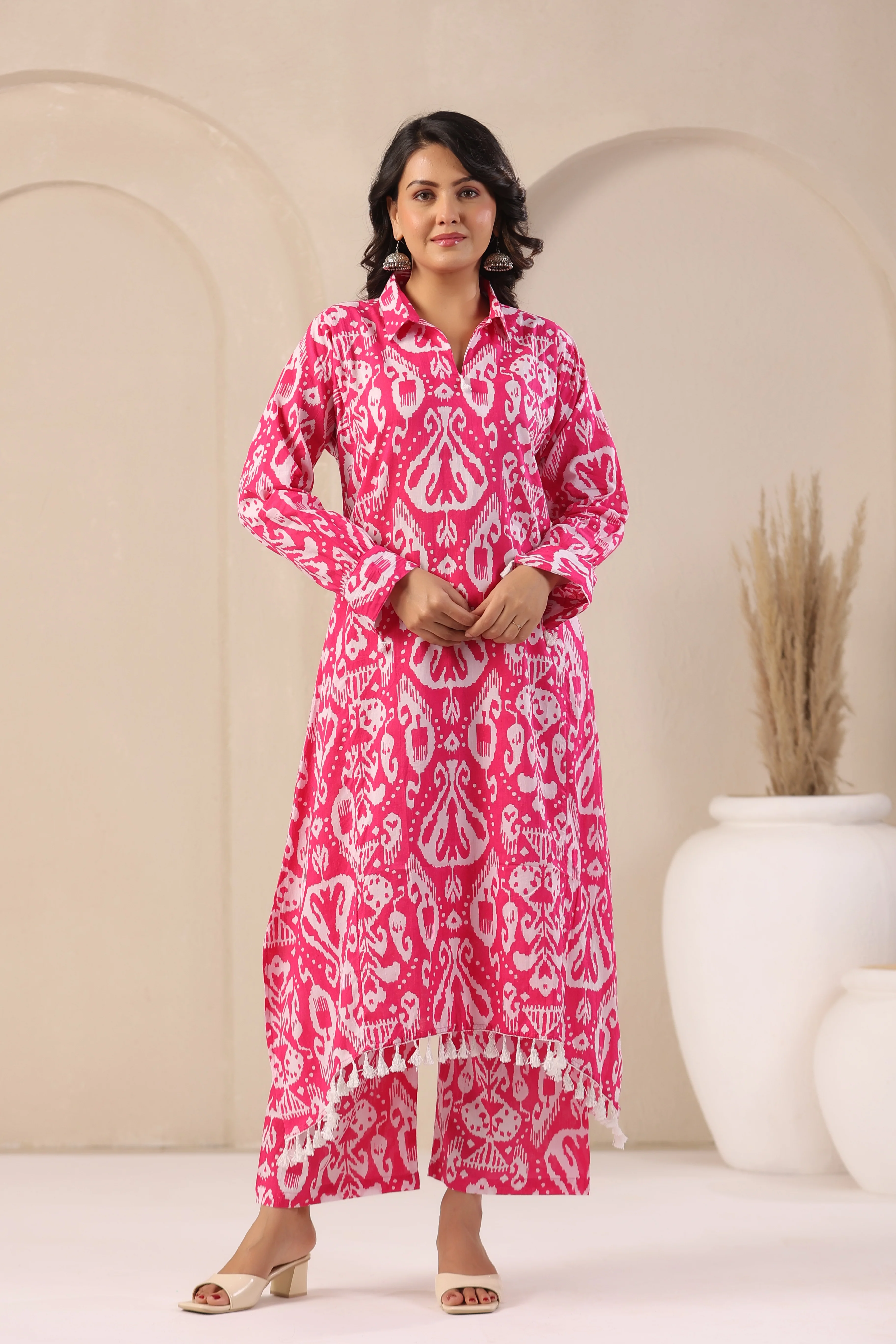 ARANYA ROSE IKAT PRINT PREMIUM PURE COTTON KURTA PANT SET - Image 6