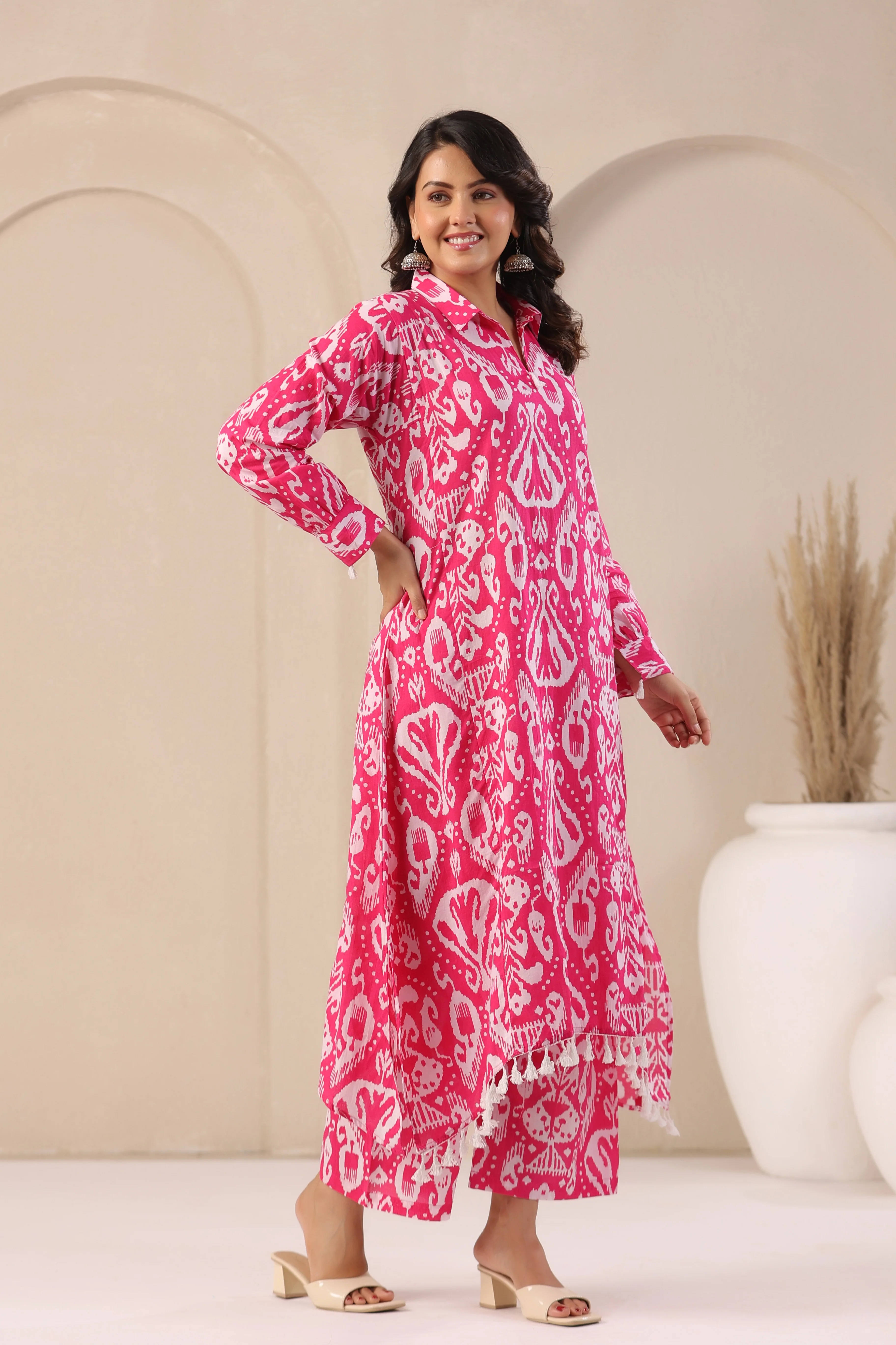 ARANYA ROSE IKAT PRINT PREMIUM PURE COTTON KURTA PANT SET - Image 7
