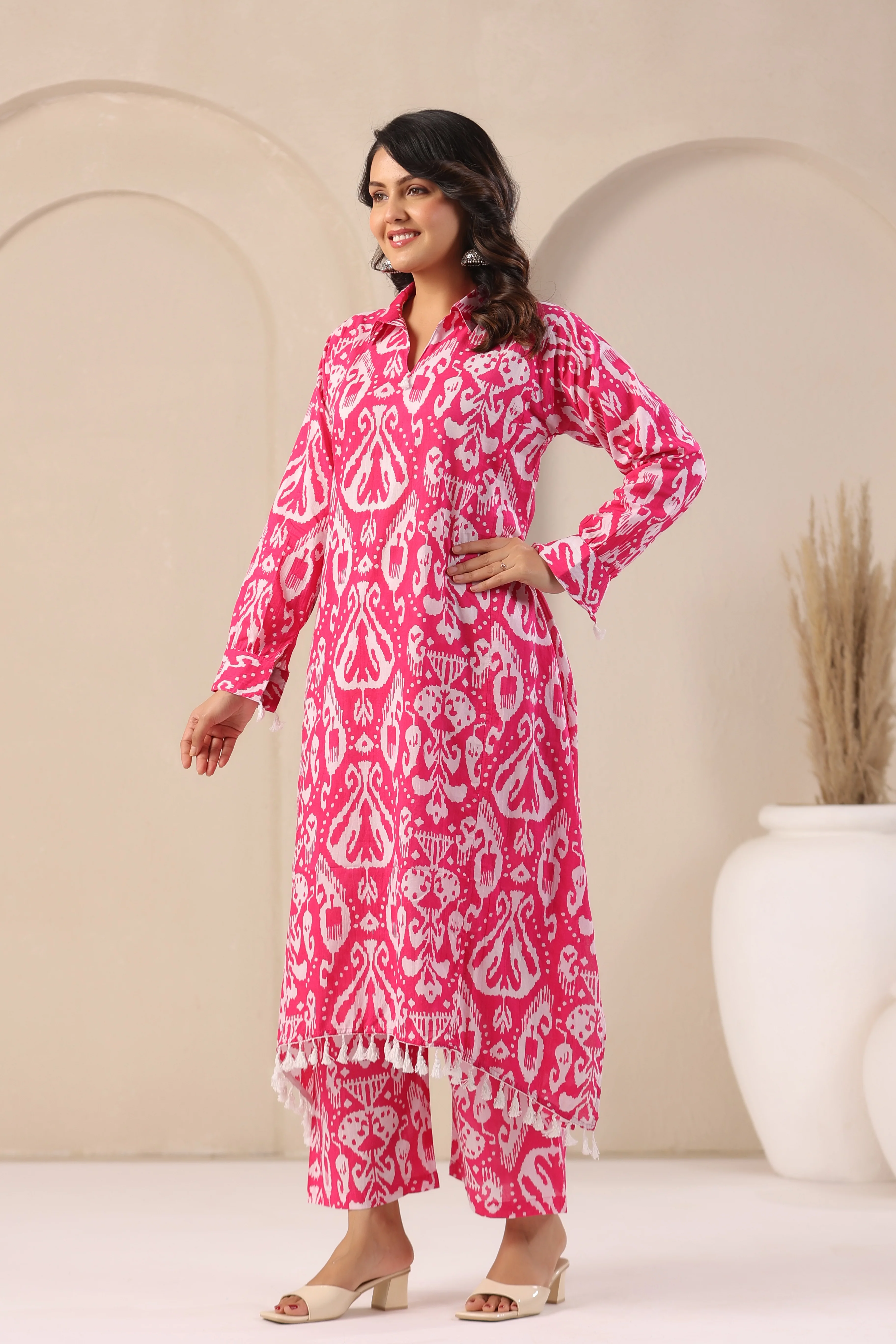ARANYA ROSE IKAT PRINT PREMIUM PURE COTTON KURTA PANT SET - Image 8