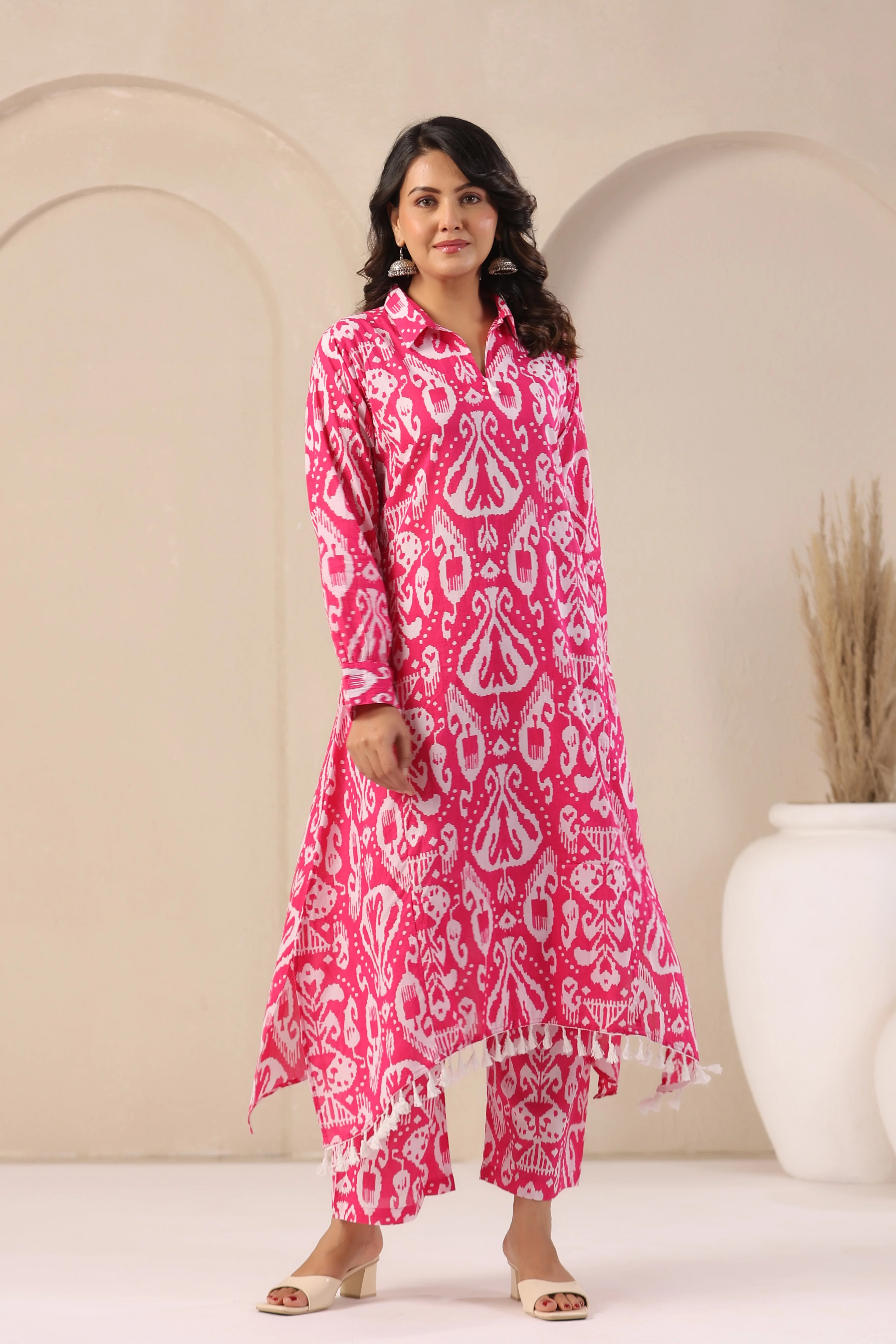 ARANYA ROSE IKAT PRINT PREMIUM PURE COTTON KURTA PANT SET - Image 9
