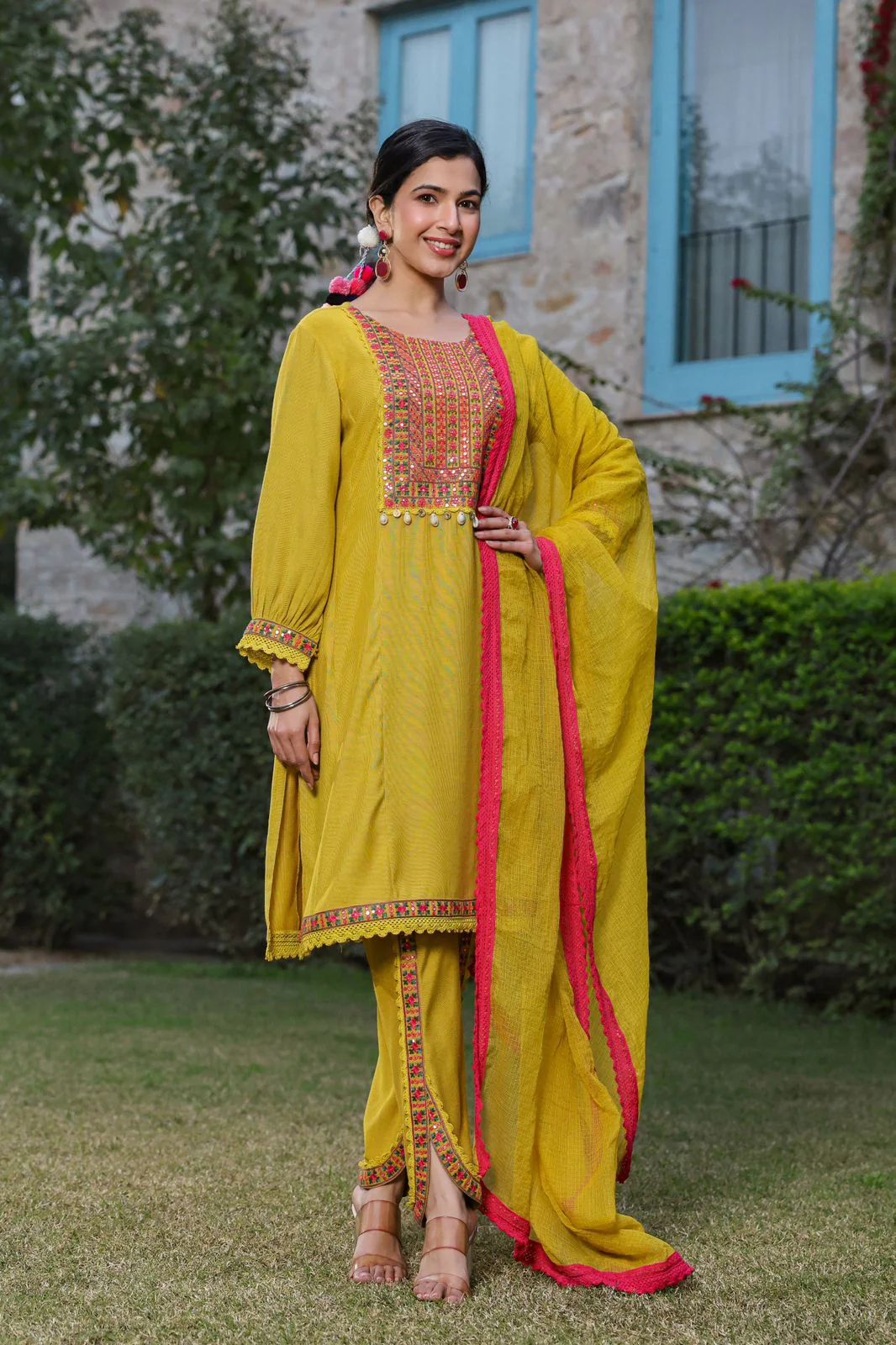 Suruchi Yellow Cotton Suit Set with Tulip Pants - Image 3