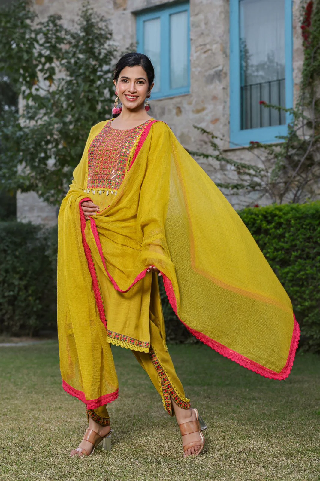 Suruchi Yellow Cotton Suit Set with Tulip Pants - Image 4
